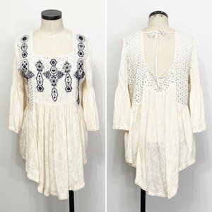 Free People Embroidered Peasant Tunic Top Blouse Large Ivory 3/4 Bell Sleeve